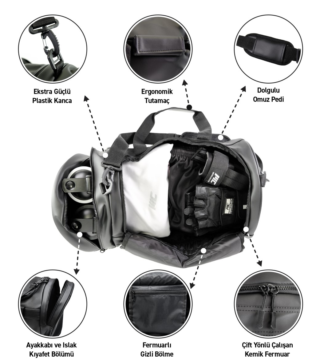 MuscleCloth Elite Duffel Bag Silindir Spor Çanta Siyah