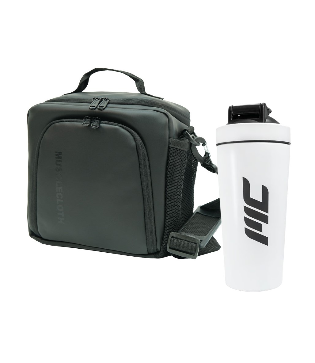 MuscleCloth Elite Termo Çanta Seti Siyah + Paslanmaz Çelik Shaker 739 ml Beyaz