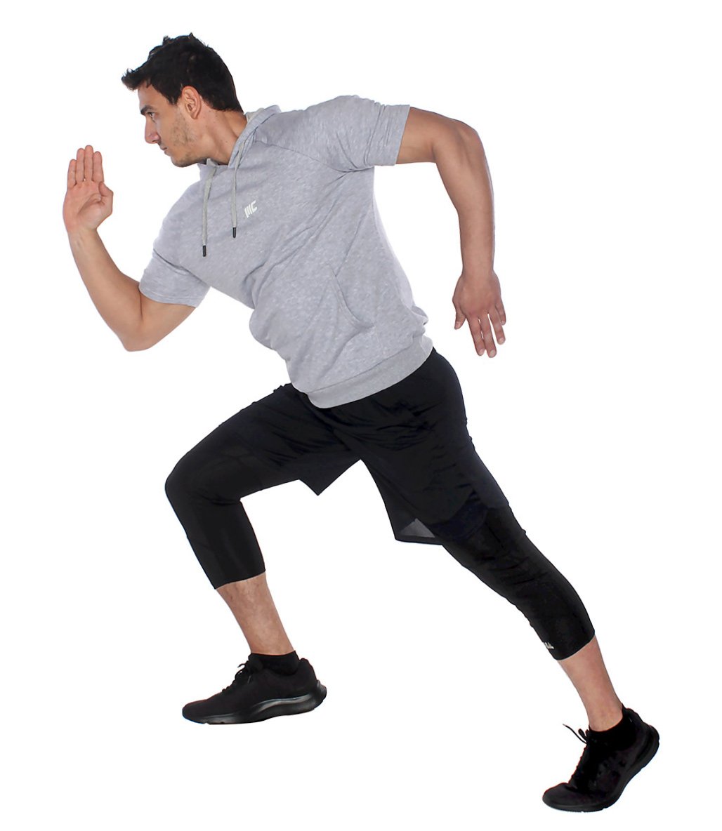MuscleCloth Pro Kapüşonlu Kısa Kollu Sweatshirt Gri Melanj