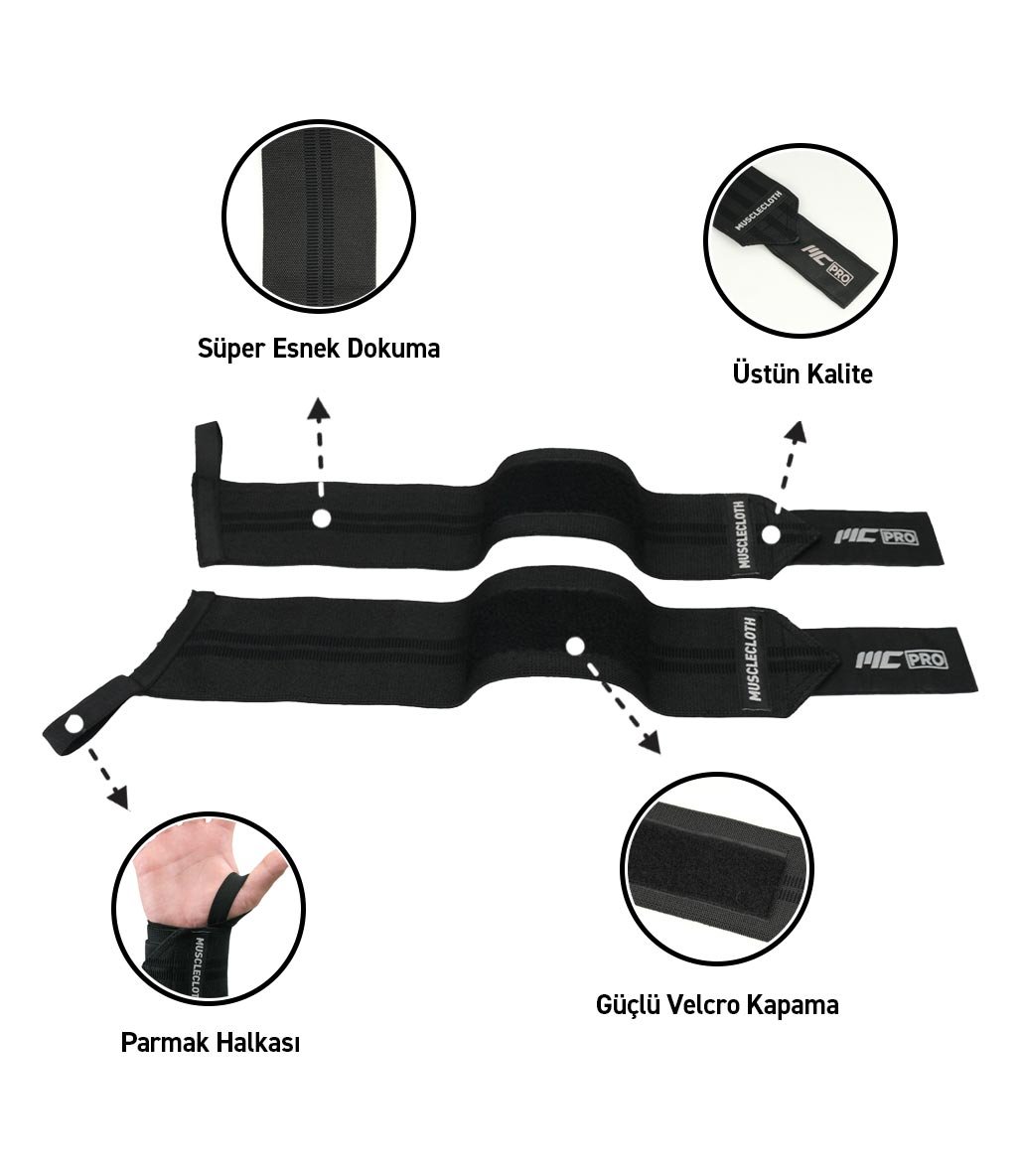 MuscleCloth Pro Wrist Wraps 2'li Paket Siyah