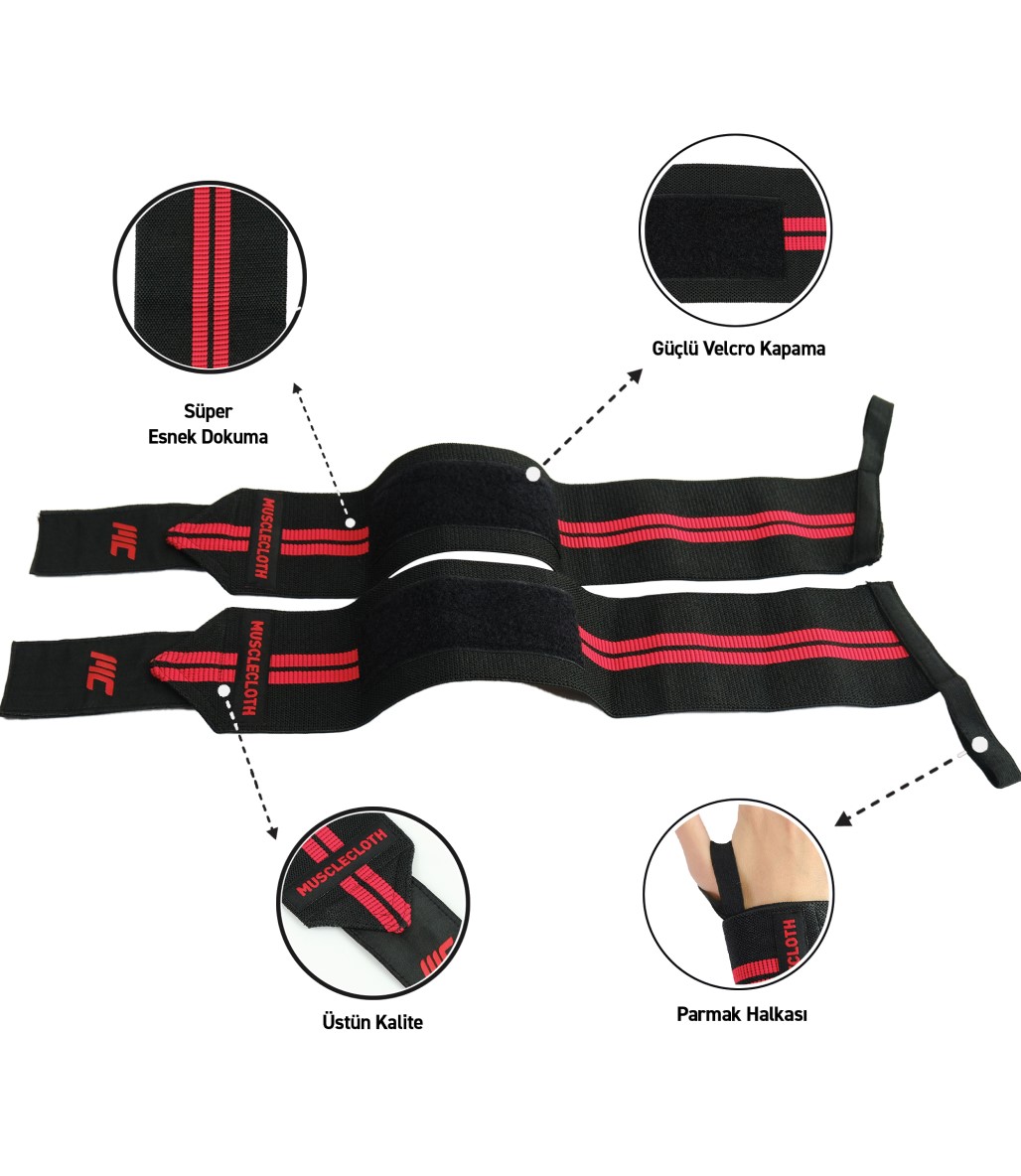 MuscleCloth Pro Wrist Wraps 2'li Paket Siyah Kırmızı