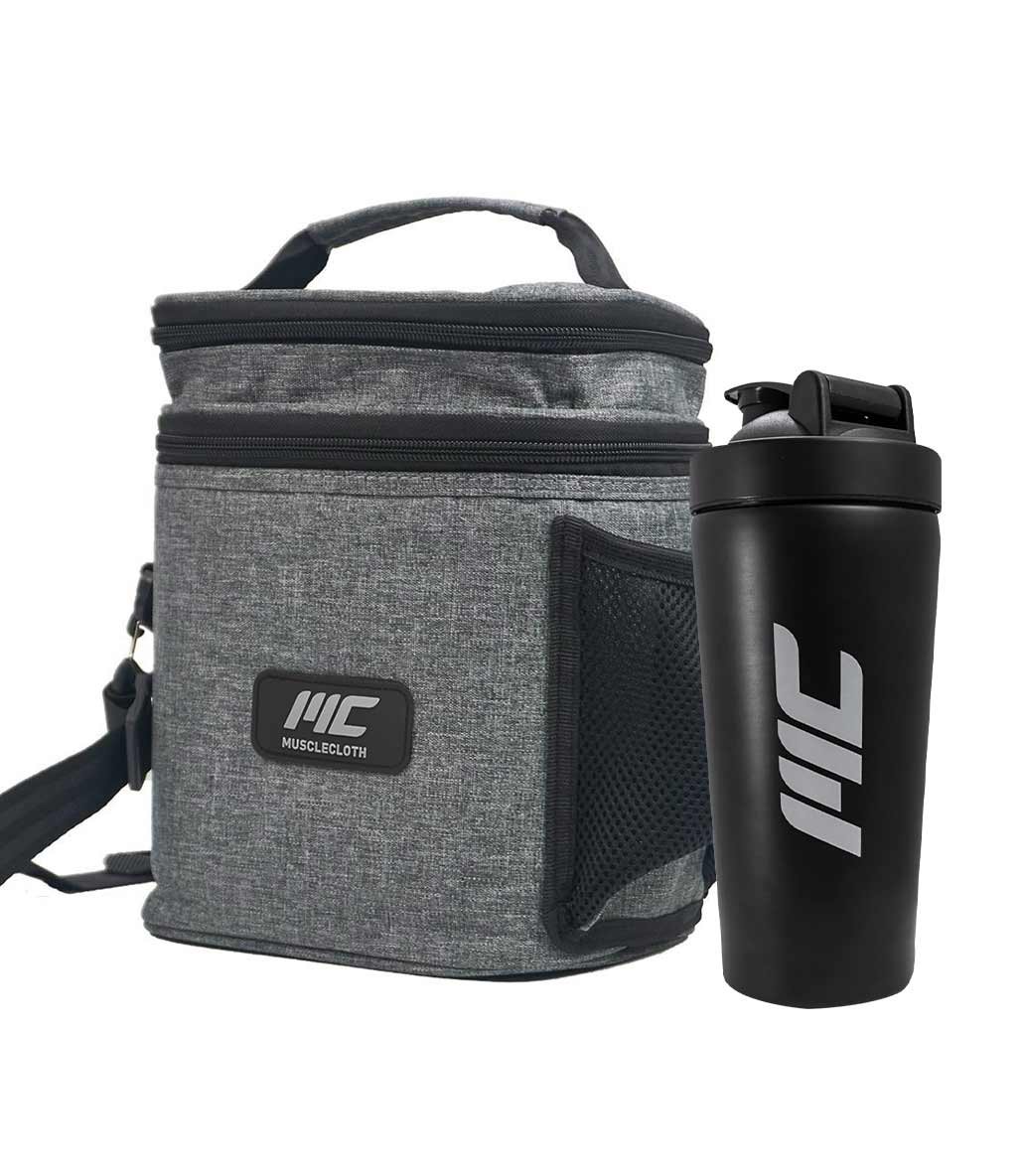 MuscleCloth Termo Çanta Seti Gri + Paslanmaz Çelik Shaker 739 ml Siyah