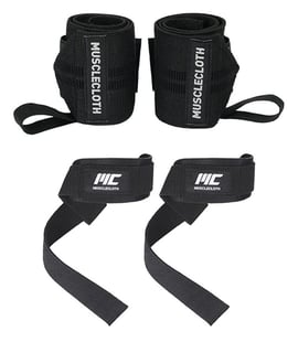 MuscleCloth Pro Wrist Wraps + Padded Lifting Straps Seti Siyah