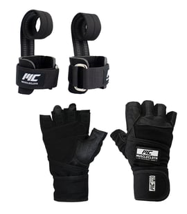 MuscleCloth Pro Fitness Ağırlık Eldiveni + Big Grip Pro Lifting Straps Siyah