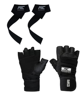 MuscleCloth Pro Fitness Ağırlık Eldiveni + Lifting Strap Siyah