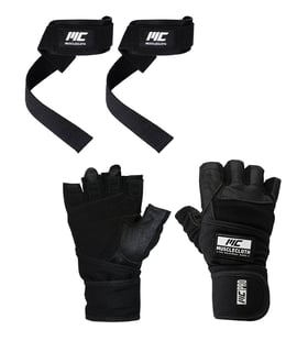 MuscleCloth Pro Fitness Ağırlık Eldiveni + Padded Lifting Straps Siyah