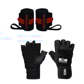 MuscleCloth Pro Fitness Ağırlık Eldiveni + Pro Wrist Wraps Siyah