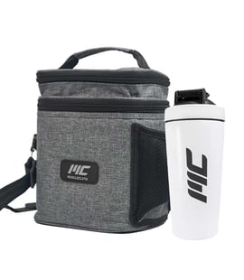 MuscleCloth Termo Çanta Seti Gri + Paslanmaz Çelik Shaker 739 ml Beyaz