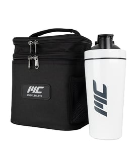 MuscleCloth Termo Çanta Seti Siyah + Paslanmaz Çelik Shaker 739 ml Beyaz