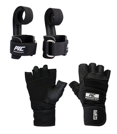 MuscleCloth Pro Fitness Ağırlık Eldiveni + Big Grip Pro Lifting Straps Siyah
