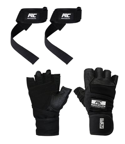 MuscleCloth Pro Fitness Ağırlık Eldiveni + Padded Lifting Straps Siyah