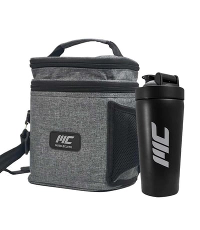 MuscleCloth Termo Çanta Seti Gri + Paslanmaz Çelik Shaker 739 ml Siyah